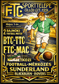Hungarian Football Match Advertising Poster v Sunderland & Blackburn - Art Deco