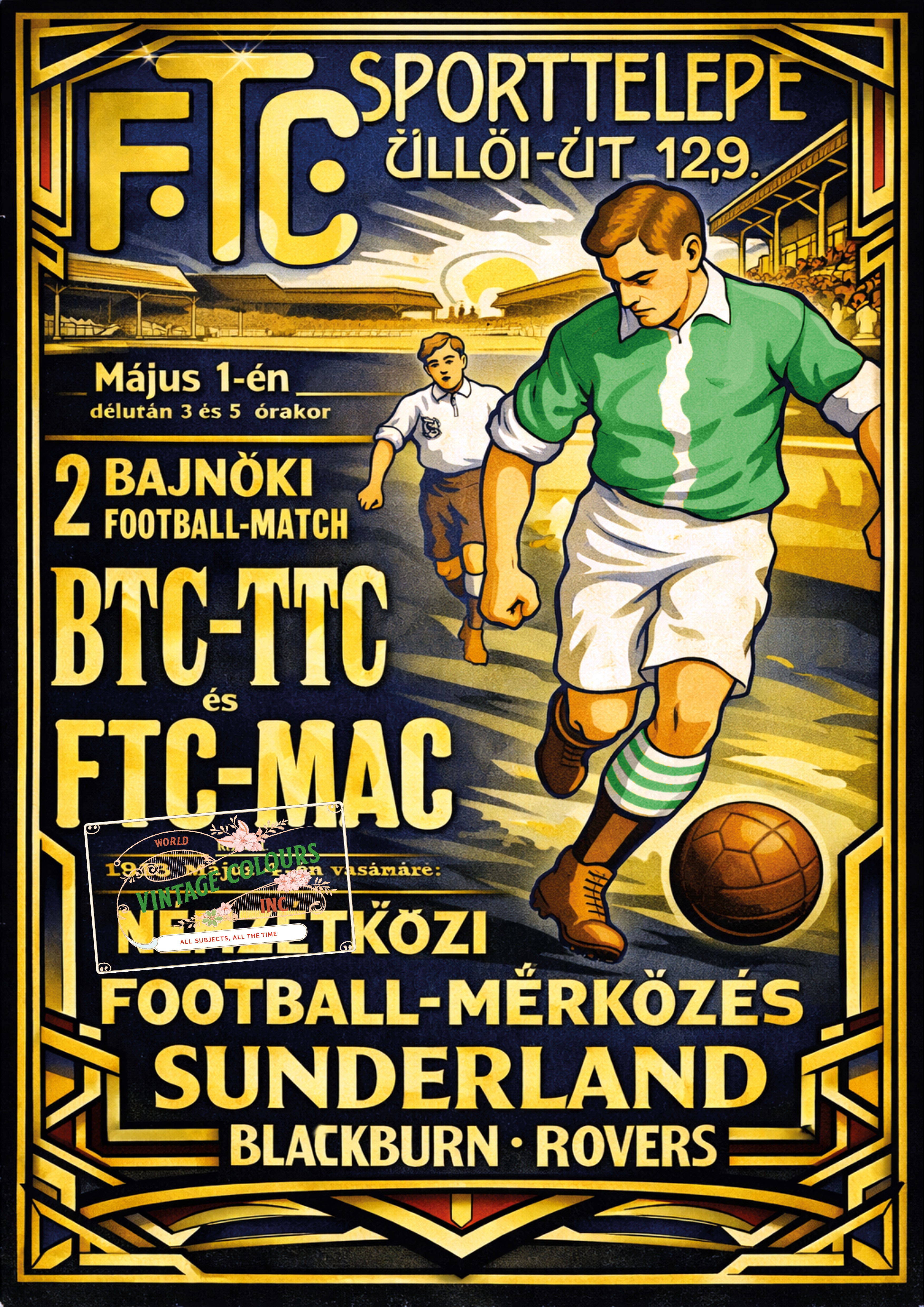 Hungarian Football Match Advertising Poster v Sunderland & Blackburn - Art Deco