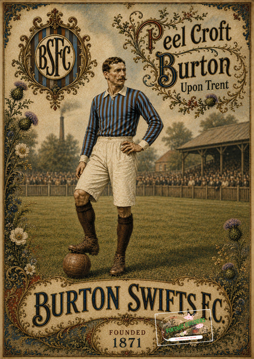 Burton Swifts FC vintage football print featuring Peel Croft, Burton upon Trent, with authentic Victorian football artwork inspired by the club's early history.