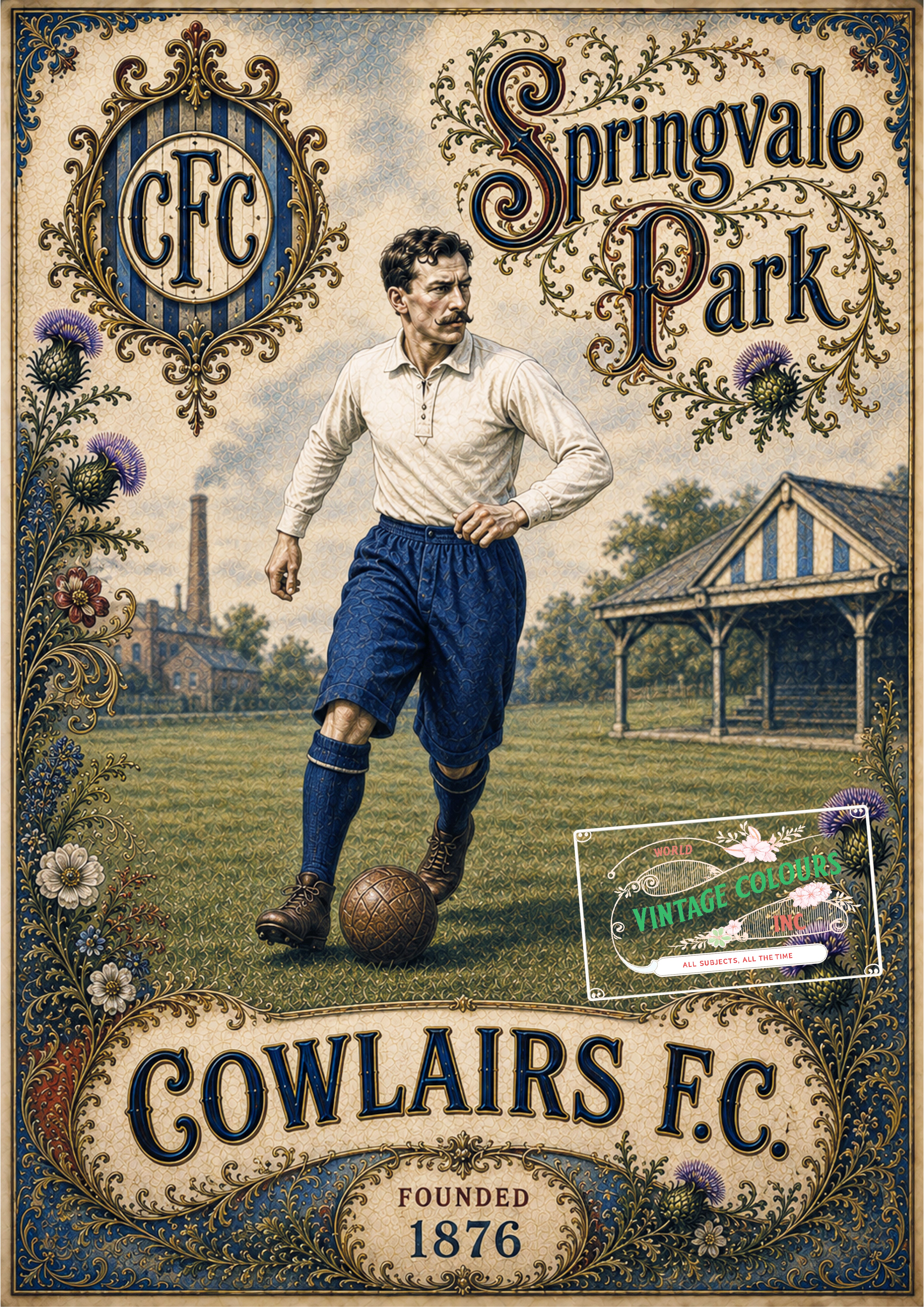 Cowlairs FC vintage football print featuring Springvale Park, Glasgow, with authentic Victorian football artwork celebrating one of the founder members of the Scottish Football League, established in 1876.